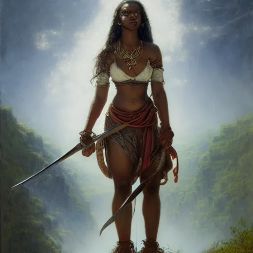 Image similar to artstation concept of a beautiful girl holding a sword in both hands, brown skin, sweaty skin, symmetrical face, casual white garment, brown canyon background, shiny colorful, hyperdetailed, artstation trending, world renowned artists, worth1000.com, historic artworks society, antique renewel, cgsociety, by greg rutkowski, by Gustave Dore, Deviantart