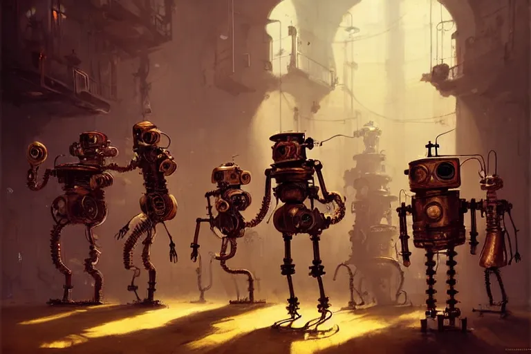 Image similar to steampunk robots dancing by otto dix and greg rutkowski and andreas rocha, cinematic lighting, highly detailed, warm colours, 4 k