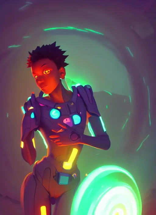 Image similar to engineer stepping through glowing portal, handsome black man, full body cinematic | hyperrealistic digital painting by makoto shinkai, ilya kuvshinov, lois van baarle, rossdraws | afrofuturism in the style of hearthstone and overwatch, trending on artstation | green highlights and complimentary colors