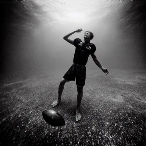 Image similar to Underwater photo of a football player by Trent Parke, clean, detailed, Magnum photos