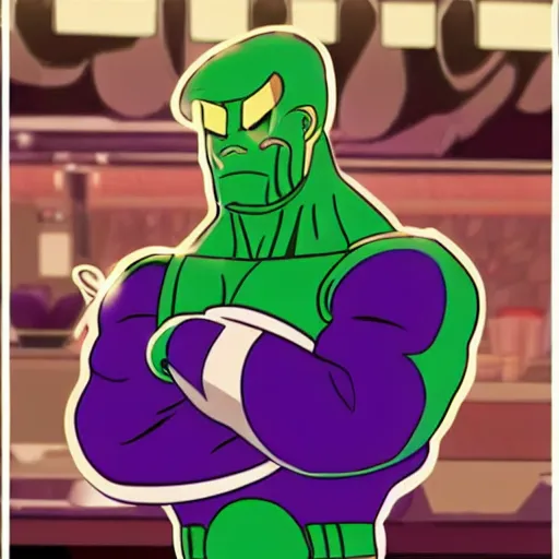 Image similar to thanos as starbucks barista, cel shading, 9 0 s anime style