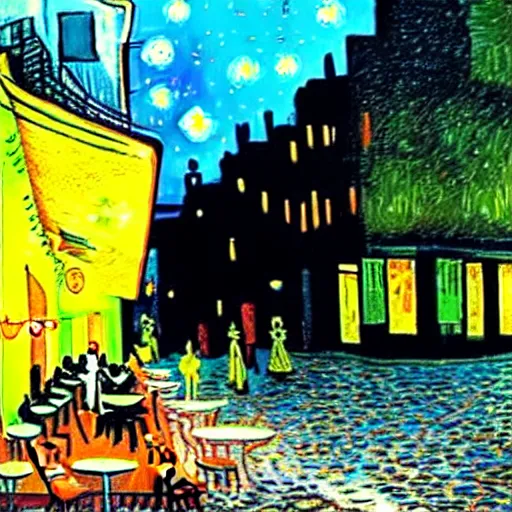 Image similar to Cyberpunk Cafe Terrace at night by Vincent Van Gogh in real life