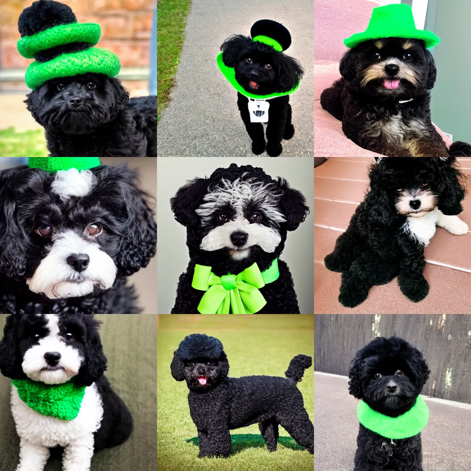 Prompt: A black shihpoo with a green hat