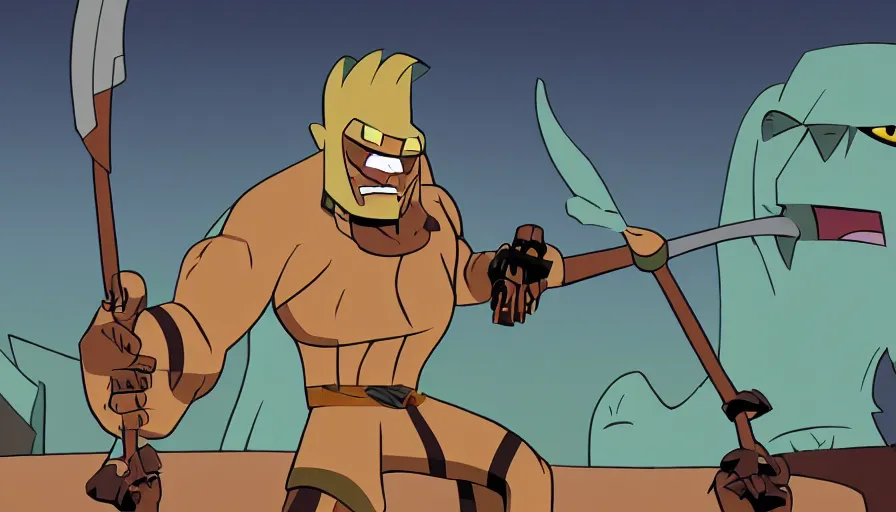 Image similar to spear from genndy tartakovsky's primal, art for genndy tartakovsky's primal tv animated series