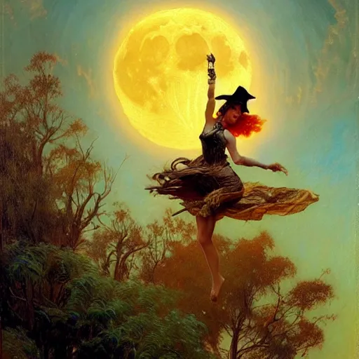 Image similar to witch flying, trough the night, fantasy, full moon in background. highly detailed painting by gaston bussiere, craig mullins, j. c. leyendecker 8 k