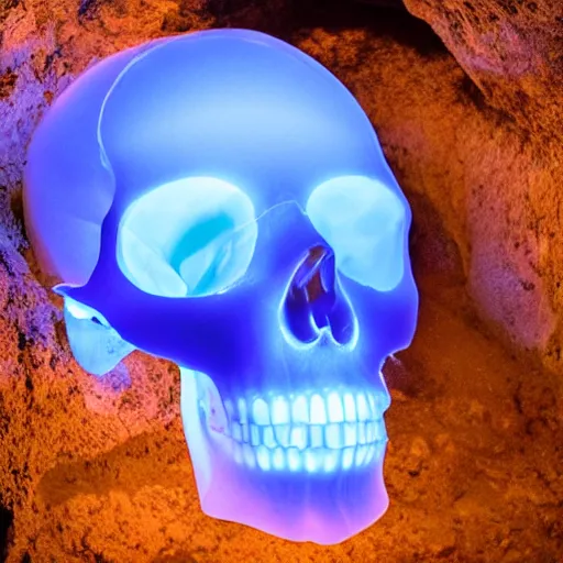 Image similar to a large translucent skull blocking the entrance to a cave emanating a blue glow, subsurface scattering, volumetric light, caustic reflection, adventure mystery cave