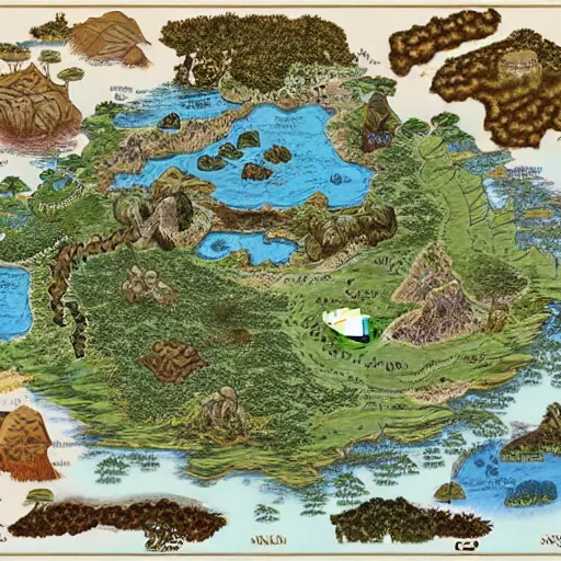 Image similar to an incredibly detailed map of a fantasy world with elaborate biomes and illustrations