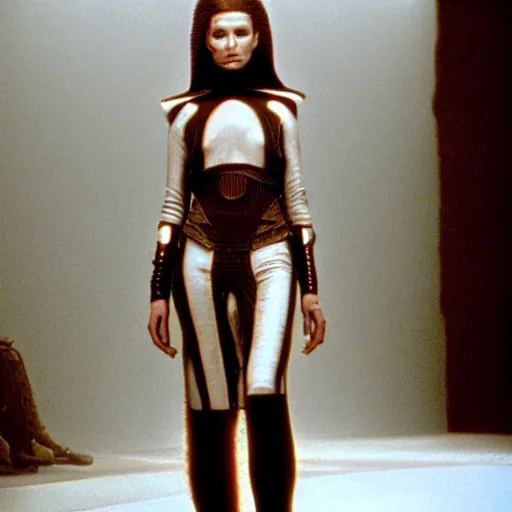 Image similar to avant - garde fashion model, still from movie dune, highly detailed