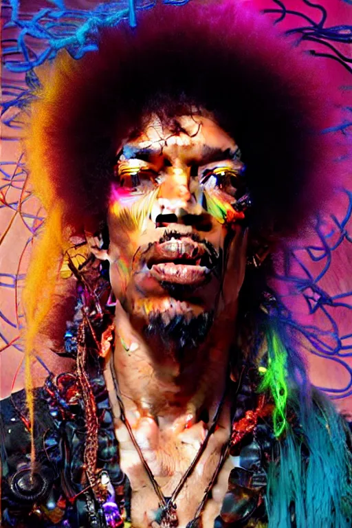 Image similar to A Weirdcore Mesmerizing 8k hyperrealistic portrait of cyberpunk Jimi Hendrix with electric neon hair strands, floating in spirals of iridescent mycelum, painted by Caravaggio, Greg rutkowski, Sachin Teng, Thomas Kindkade, Alphonse Mucha, Norman Rockwell, Tom Bagshaw