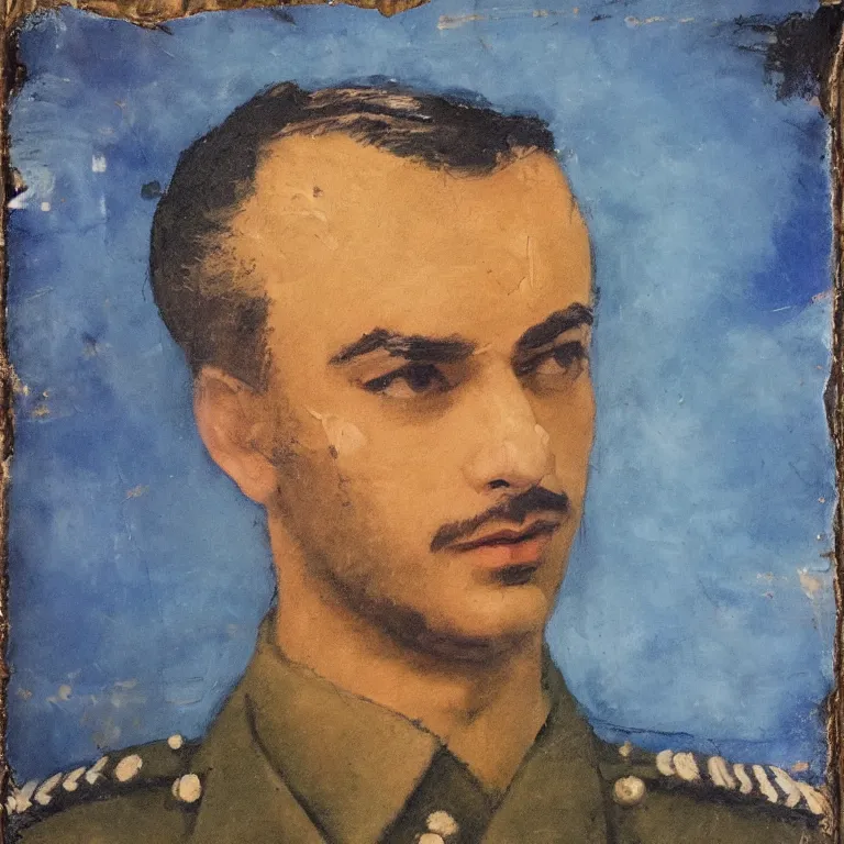 Prompt: Antique cyanotype of Beautiful warmly lit close up expressionistic studio portrait of very Handsome Persian Air Force Pilot in Uniform, impasto oil painting heavy brushstrokes by Cy Twombly and Anselm Kiefer , trending on artstation dramatic lighting abstract Expressionism