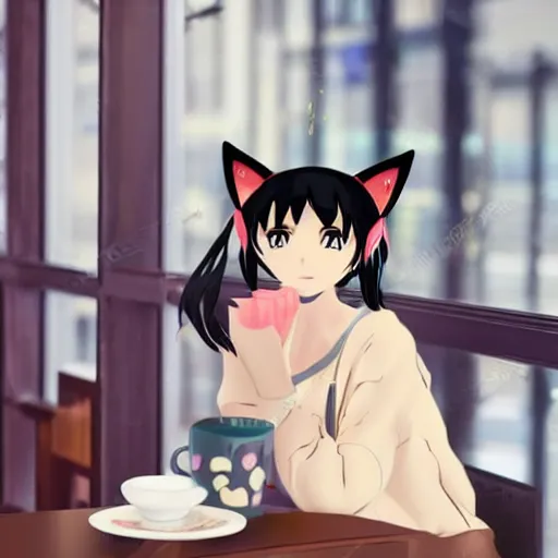 Prompt: girl with cat ears sitting at a table in a cafe next to window with rain, anime style