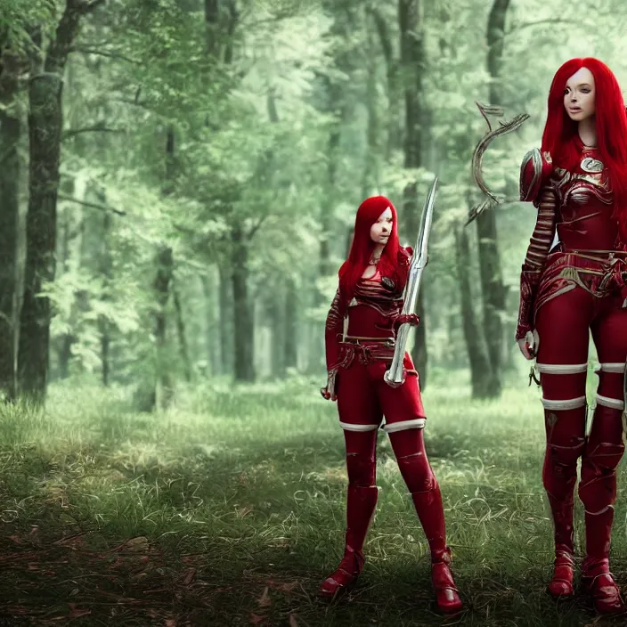 Prompt: a girl with long red hair wearing a red plate armor and holding a big red sword in a forest, 3d render, octane render, unreal engine 5, 8k hdr, hyperrealistic, highly detailed, high quality, concept art, trending on Artstation, full-body armor