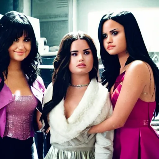 Image similar to Demi Lovato and Selena Gomez and Ariana Grande in a Charmed movie directed by Christopher Nolan, movie still frame, promotional image, imax 35 mm footage