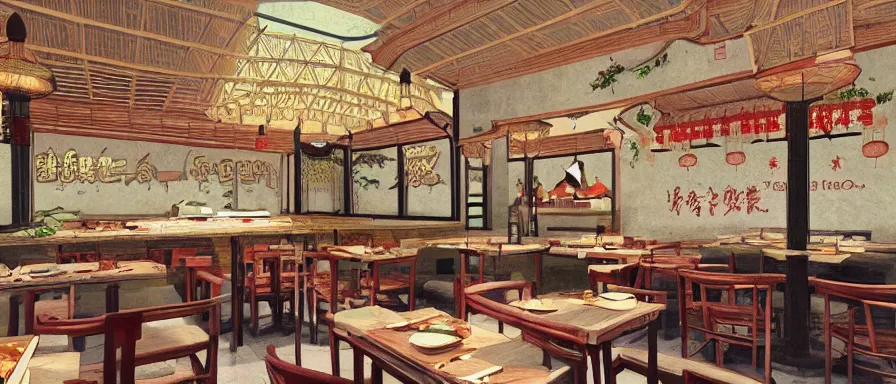 Image similar to a beautiful simple interior 4 k hd wallpaper illustration of small roasted string hotpot restaurant restaurant, from china, wallpaper with pagoda and mountain, fine simple delicate structure, chinese style, simple style structure decoration design, victo ngai, 4 k hd