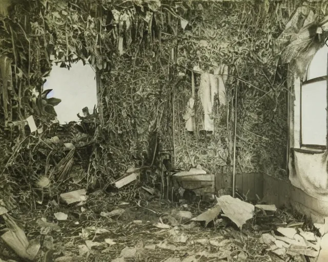 Prompt: An award winning color photo of 1970's living room abandoned 100 years ago now completely retaken by nature, grass and vines overgrowing, 4k, color Polaroid photo