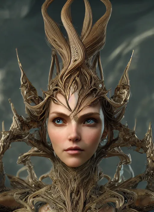 Image similar to beautiful biomechanical impish elven incredible hair, masterpiece crystalline incrustations, hyperdetailed face, elegant pose, movie still, intricate, octane render, cinematic lighting, cgsociety, unreal engine,