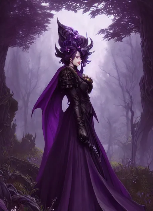 Prompt: side portrait Super Mario as dark witch, adventurer outfit large cloak, fantasy forest landscape, dragon scales, fantasy magic, undercut hairstyle, short purple black fade hair, dark light night, intricate, elegant, sharp focus, illustration, highly detailed, digital painting, concept art, matte, art by WLOP and Artgerm and Greg Rutkowski and Alphonse Mucha, masterpiece