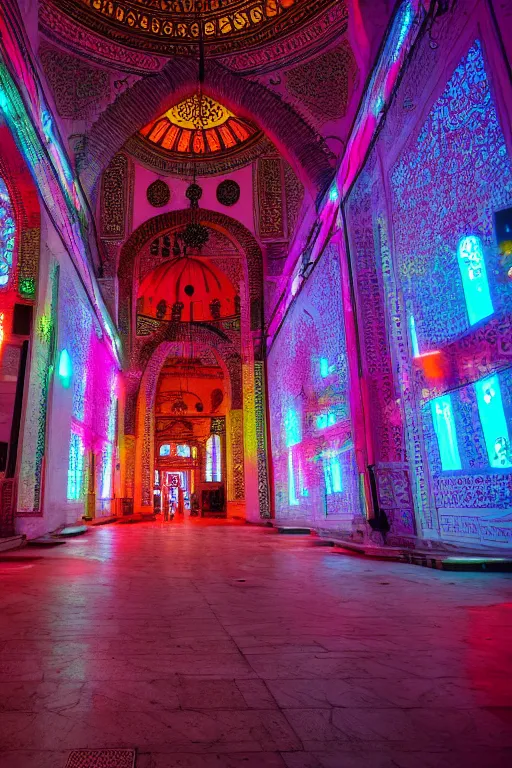 Prompt: neon streets of istanbul mosque, 4 k, award winning photo, cyberpunk style