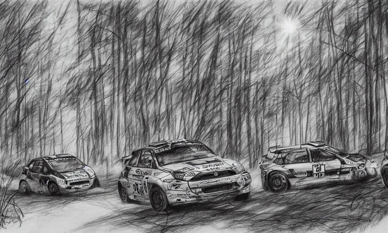 Prompt: 3 rally cars racing through a forest with a river behind them, sun shining through the trees, pencil sketch,