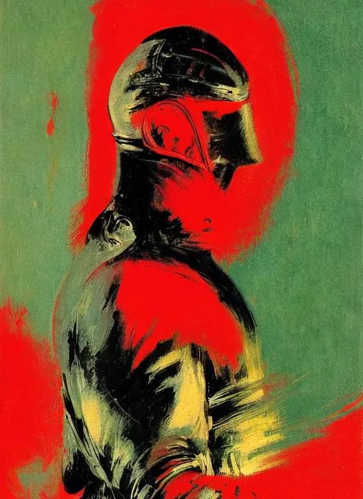 Image similar to portrait of noble fencer, coherent! by mariusz lewandowski, by frank frazetta, deep color, strong line, red green black teal, minimalism, high contrast