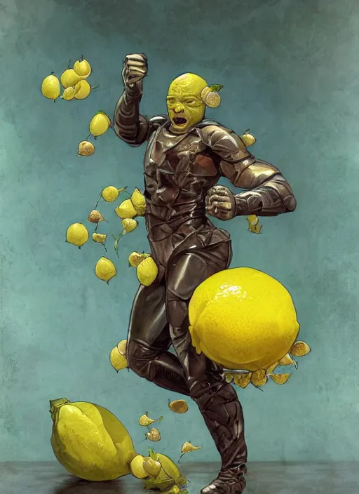 Prompt: renaissance grotesque full body portrait painting of angry crossfit lemon in a lemon themed spaceship going to a lemon portal, superior, character redesign by lee bermejo and greg rutkowski and alphonse mucha