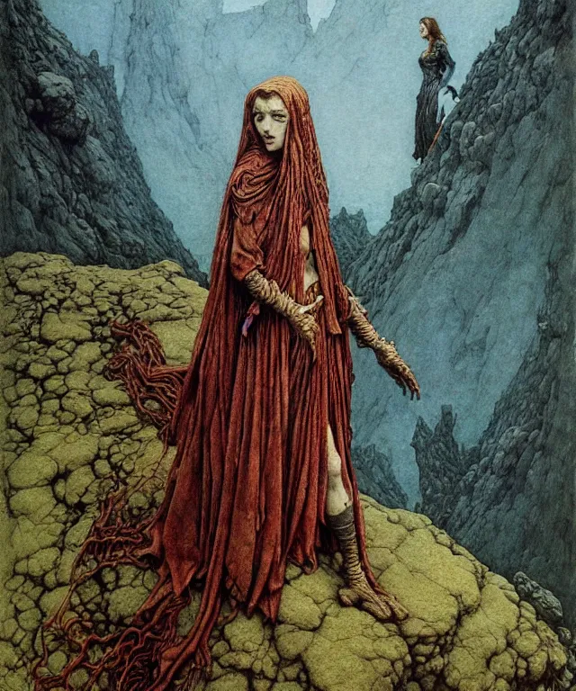 Image similar to A detailed semisnake-semiwoman stands among the hills. Wearing a ripped mantle, robe. Extremely high details, realistic, fantasy art, solo, masterpiece, art by Zdzisław Beksiński, Arthur Rackham, Dariusz Zawadzki