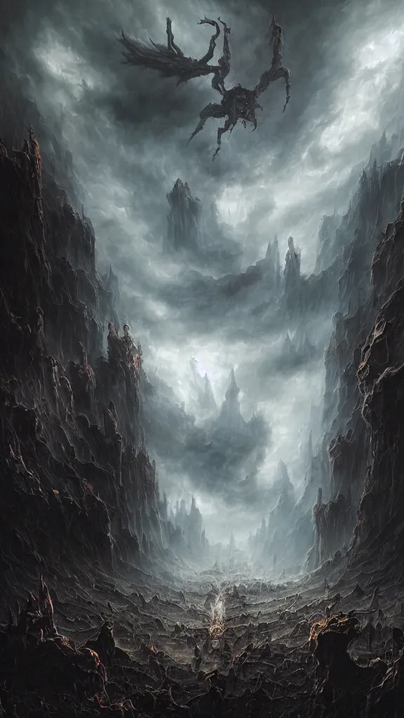 Prompt: the demonic souls of the damned emerging from cracks in the corrupted earth and flying up into the sky, extravagant matte painting, highly detailed oil painting, 8k, devastatingly harrowing atmosphere, elegant cinematic fantasy art, overwhelming depth and detail, magic, dark oppressive colors, intricate masterpiece