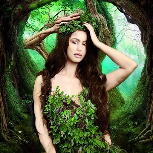 Image similar to Head and shoulders masterpiece portrait of the beautiful goddess Lana Rhoades as dryad, she has those characteristic sparkling green eyes, she is looking straight to the camera, she has a glow coming from her, she is getting illuminated for rays of light, behind is an ancient forest full of life, she is posing, the photo was taking by Annie Leibovitz, matte painting, oil painting, naturalism, 4k, 8k