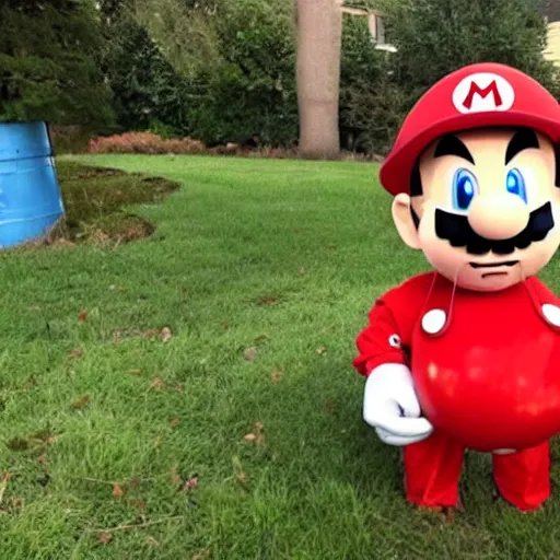 Image similar to man dressed in bootleg knockoff super mario bros. costume holding a red plastic mushroom standing in a yard.