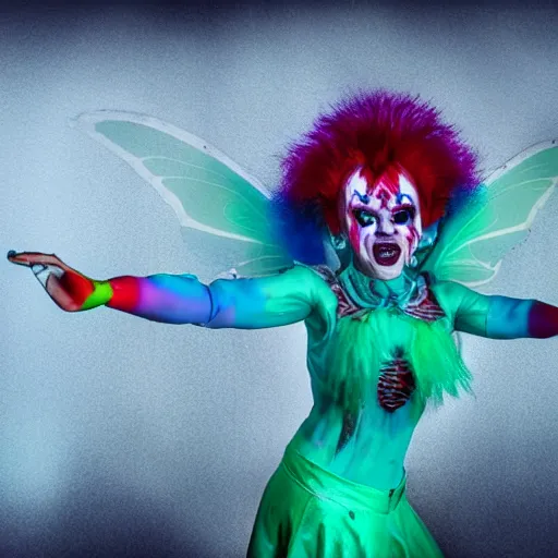 Image similar to psycho clown fairy, bleeding wings colors, cinematic lighting, various refining methods, micro macro autofocus, ultra definition, award winning photo