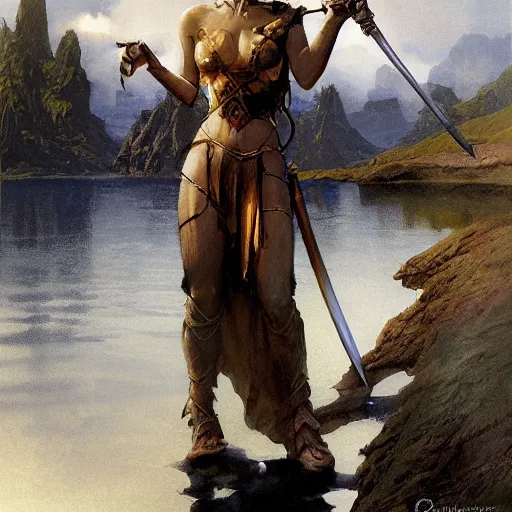 Prompt: a fantasy illustration of a hand holding a sword emerging from a lake, lady of the lake, by james gurney, craig mullins and frank frazetta