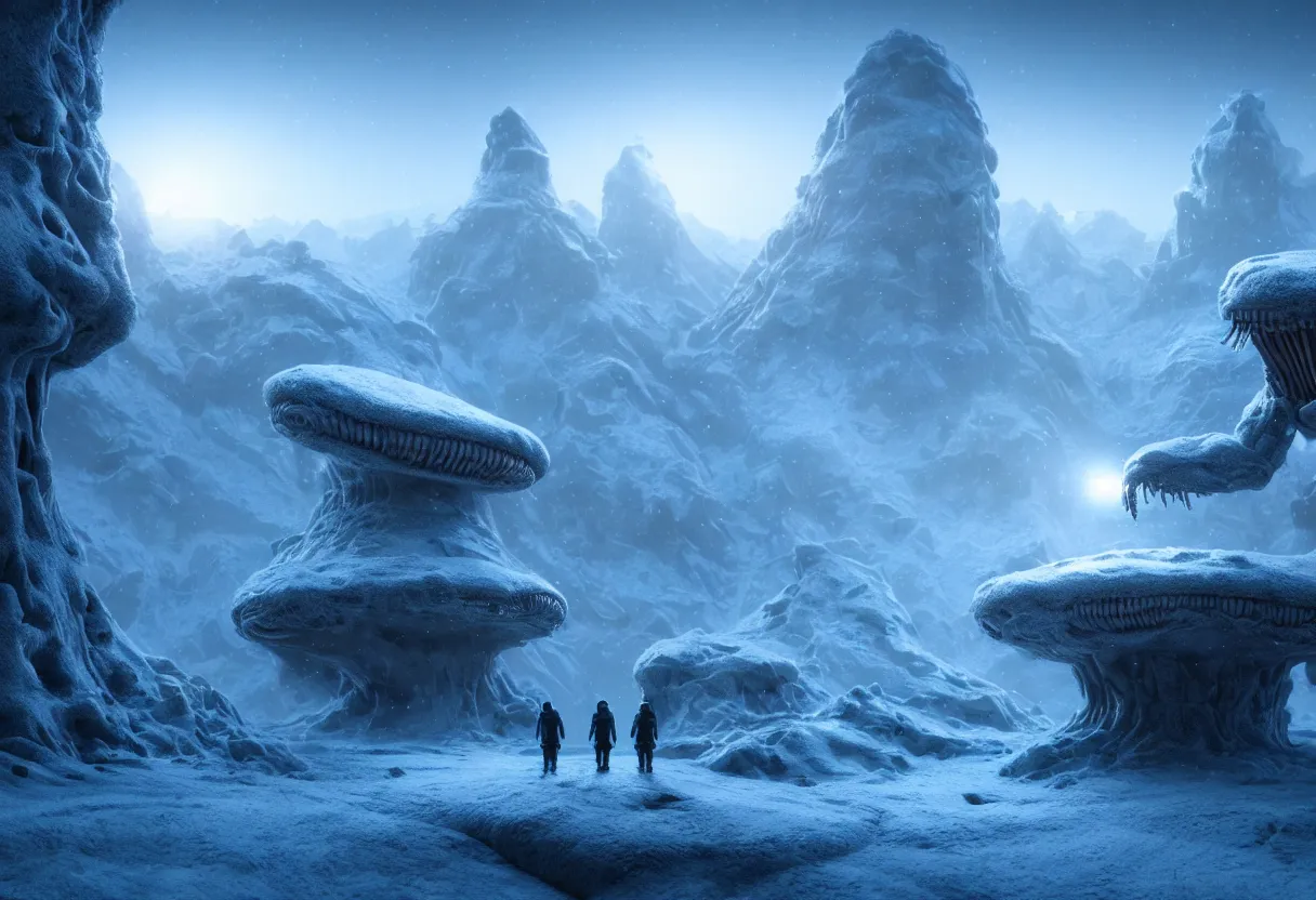 Image similar to alien winter landscape of human mind and imagination, matte painting, beautiful render, octane render, concept art