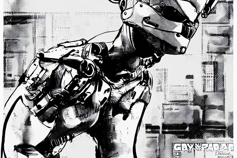 Image similar to gray fox from metal gear solid, doing a three point landing pose, a page from cyberpunk 2 0 2 0, style of paolo parente, style of mike jackson, adam smasher, johnny silverhand, 1 9 9 0 s comic book style, white background, ink drawing, black and white