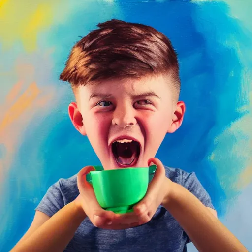 Prompt: Beautiful painting of a kid with cup cut hair, Big head, Big mouth, blushing scream and criyng in his room 50 mm studio lighting