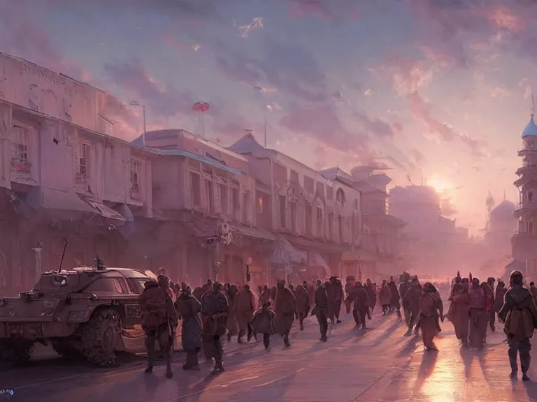 Prompt: a city of syzran!!!, militaristic!!!, romantic!!!, hyperrealistic, highly detailed, cinematic, pink sunlight, beautiful, cgssociety, artstation, 8 k, oil painting by greg rutkowski, by artgerm, by wlop