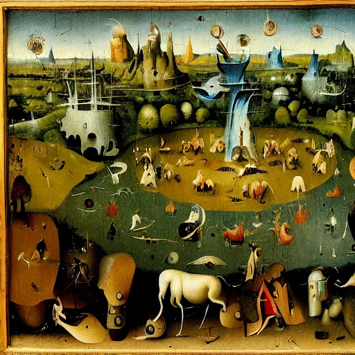 Prompt: a landscape by hieronymus bosch