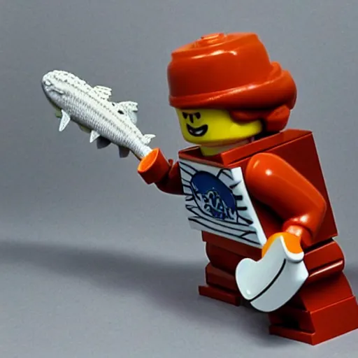 Image similar to lego sculpture of an astronaut catching a huge salmon, thoughtful, elegant, real