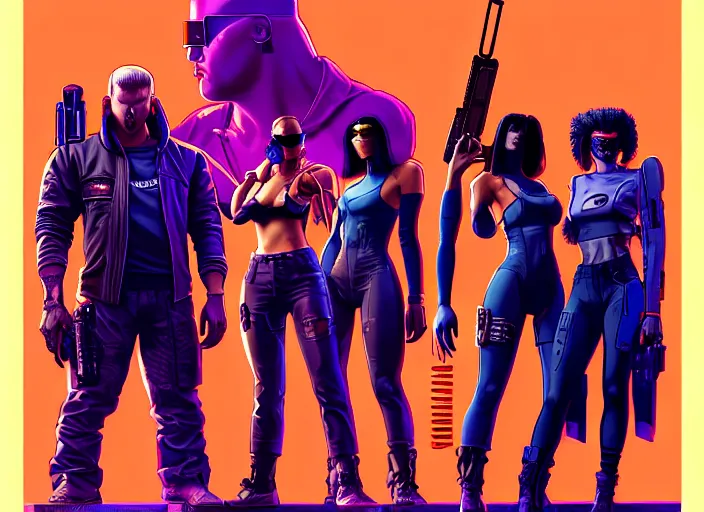 Prompt: cyberpunk gang enforcers. portrait by stonehouse and mœbius and will eisner and gil elvgren and pixar. character design. realistic proportions. cyberpunk 2 0 7 7 character art, blade runner 2 0 4 9 concept art. cel shading. attractive face. thick lines. the team. diverse characters. artstationhq.