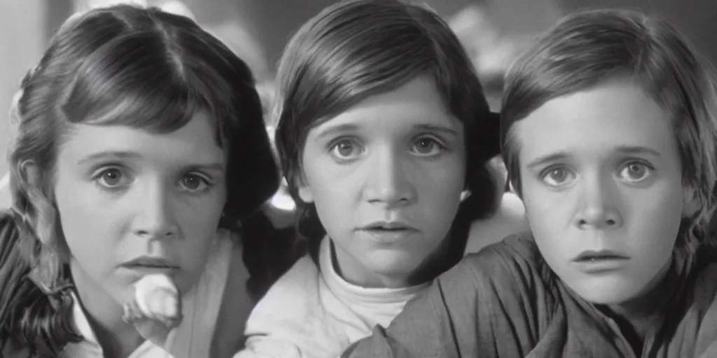 Prompt: film still of carrie fisher and mark hamill as children in new star wars movie, dramatic lighting, highly detailed face, kodak film, wide angle shot,