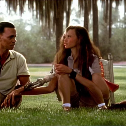 Image similar to movie still from the movie forest gump but gump is replaced by a yautja