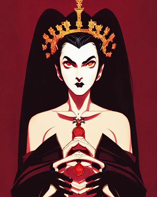 Image similar to beautiful vampire queen with crown, symmetrical face, evil, portrait, cinematic, dramatic, powerful, super detailed and intricate, by koson ohara, by darwyn cooke, by greg rutkowski, by satoshi kon