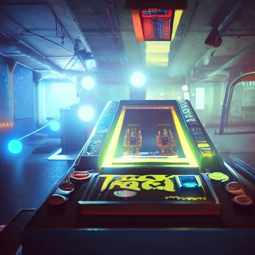 Image similar to arcade machine, octane render, unreal engine, digital art, Artstation, Trending on Artstation, cgsociety, Pinterest, 8k , close up to the screen, godrays, volumetric, reflections, cinematic, epic,