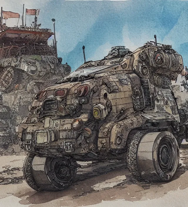 Prompt: a watercolor ink painting of a post - apocalyptic mad max / fallout style tank in the style of jean giraud in the style of moebius trending on artstation deviantart pinterest detailed realistic hd 8 k high resolution