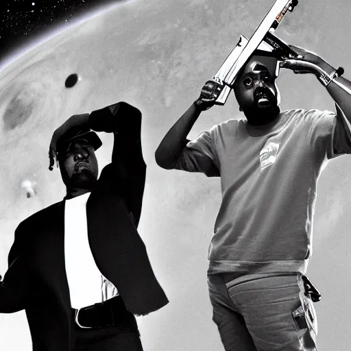 Image similar to donald trump and kanye west shooting guns in outer space