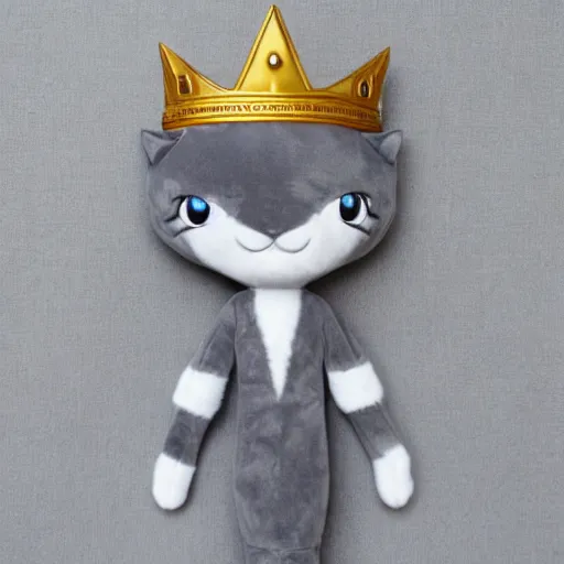 Image similar to gray anthropomorphic, cat female with a whit and chest, wearing a golden crown, big blue eyes, plushy