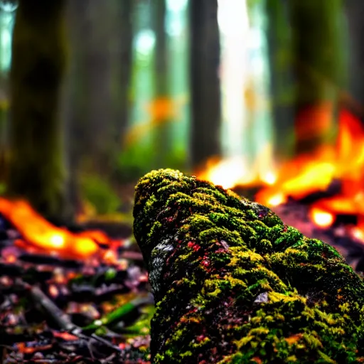 Image similar to explosion, photorealistic, 5 0 mm, bokeh, deep forest, fire