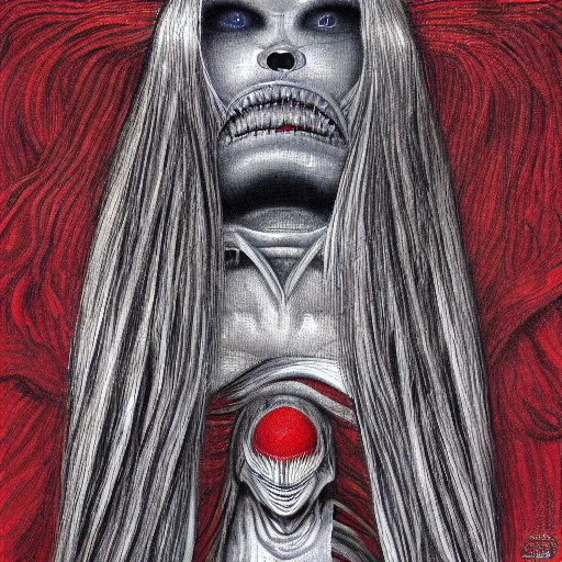 Image similar to griffith, red, by hr giger