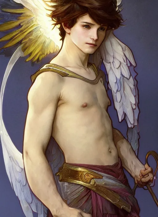 Image similar to digital character concept art by artgerm and greg rutkowski and alphonse mucha. portrait of a young fourteen year old boy, like a young god, icarus with wings, beautiful, holding a staff, detailed, poster art, light effect, glowing, hyper detail, intricate, elegant, digital painting, artstation, smooth, sharp focus