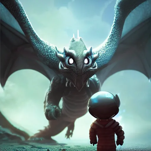 Image similar to an adorable and small alien lands on earth to meet a giant dragon, sweet eyes, concept art, octane render, unreal engine, highly detailed, 4 k, comic book art