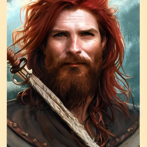 Image similar to portrait of a young ruggedly handsome but joyful pirate, male, masculine, upper body, red hair, long flowing hair, d & d, fantasy, mischievous smirk, intricate, elegant, highly detailed, digital painting, artstation, concept art, matte, sharp focus, illustration, art by artgerm and greg rutkowski and alphonse mucha